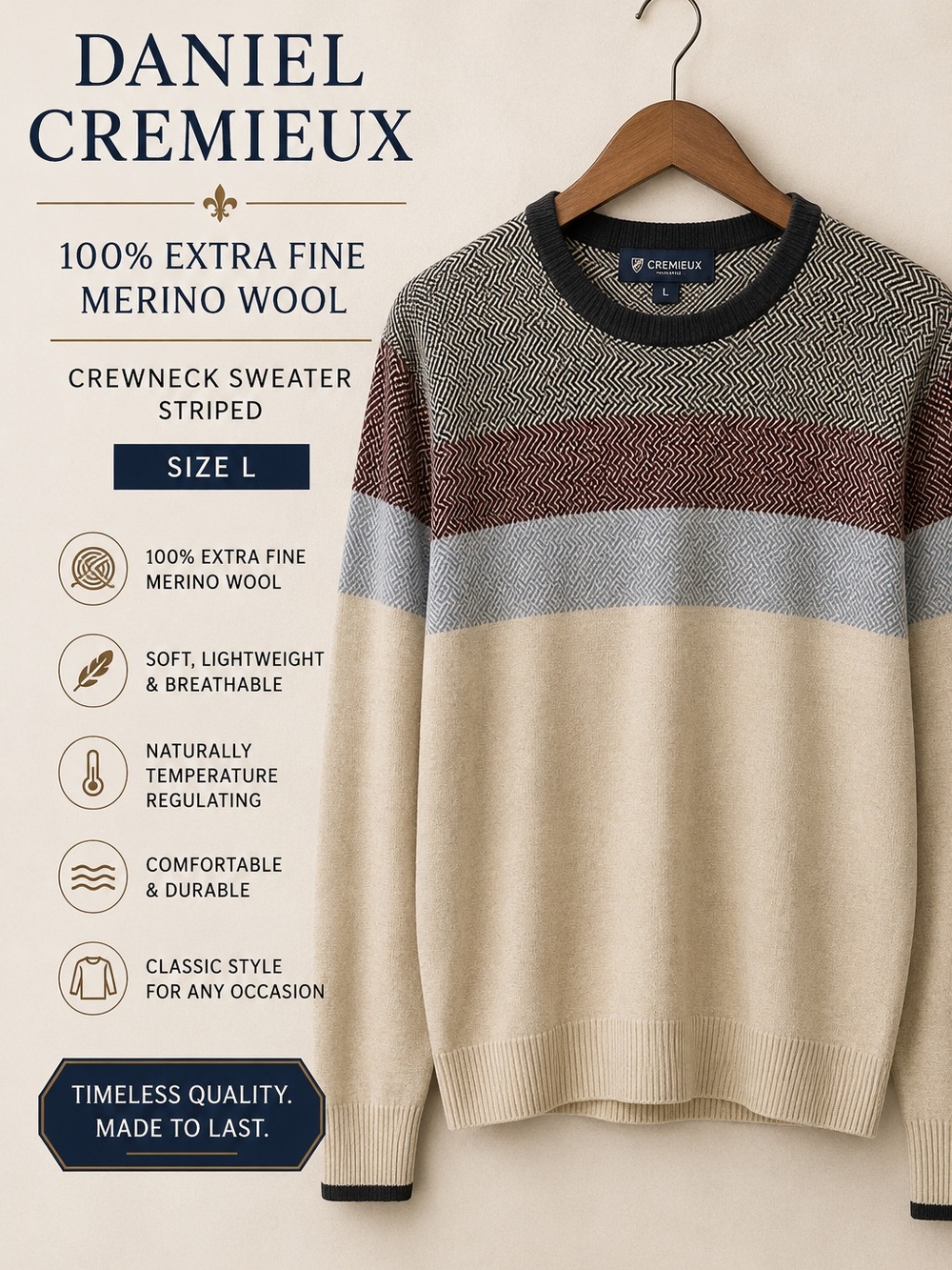Daniel Cremieux 100% Extra Fine Merino Wool Sweater Men’s L Crewneck Luxury